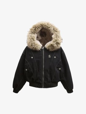 Faux Fur Lined Zip Up Winter Hooded Bomber Jacket - 2560 - Black / 3XL