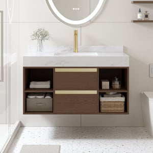 39.4" Floating Bathroom Vanity Set Cultured Marble Walnut with Ceramic Sink & 2 Drawers
