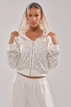 AKIRA All Rhinestone Zip Up Sweatshirt | White | Size 1X