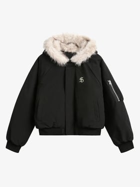 Retro Fur Hooded Fleece Bomber Jacket - 2478 - Black / 3XL