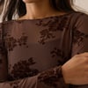 Brown Floral Mesh Long Sleeve Top