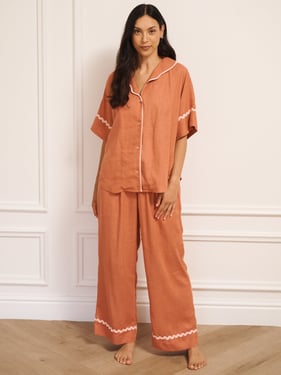 Womens Rust With Pale Pink Contrast Ric Rac Trim Linen Blend Oversize Pyjama Set - 3XL / 22-24 / Pink