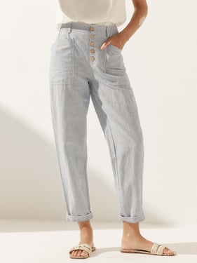 Linen Simple Button Fly Trousers HEIDI - Denim Pinstripe / XXXL