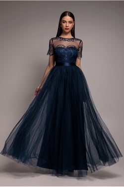 Goddiva Embroidered Mesh Maxi Dress - Navy