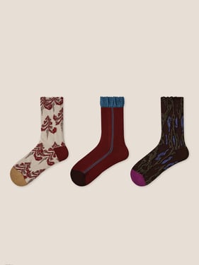 Long-Staple Cotton 3-Pair Floral Embossed Slouch Mid-Calf Sock Set - Winter Whisper / One Size