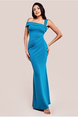 Goddiva Off The Shoulder Pleated Waist Maxi Dress - Teal Blue