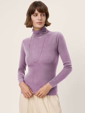 100% Extra-Fine Merino Wool Turtleneck Knit Sweater JOLENE - Lavender / L