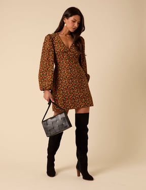Black Ditsy Floral Puff Sleeve Fiora Mini Dress