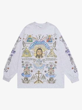 Thesupermade American High Street Graffiti Long Sleeve T-Shirt - Grey / 2XL