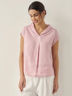 100% Linen Shawl V-Neck Cap Sleeves Top ELARA - Rosa / XXL