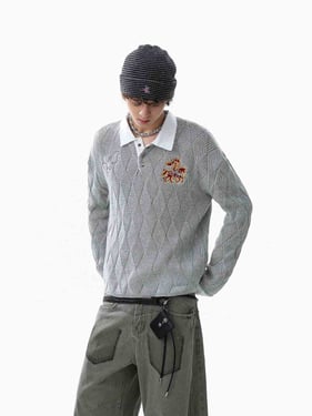 Retro Contrast Collar Embroidery Knit Sweater - Gray / XL
