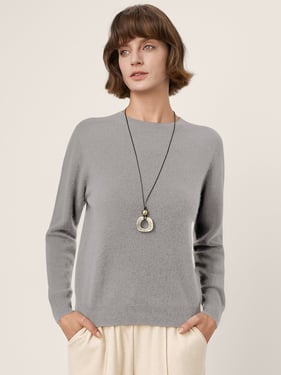 Premium Cashmere Blend Hand-Finished Seamless Crew Neck Ribbed Trim Knit Top WANDA - Light Grey / XXL