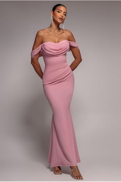 Goddiva Bardot Scuba & Chiffon Cowl Maxi Dress - Blush Pink