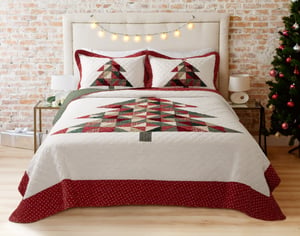 QE Home Christmas Tree Cotton Quilt Set, Patchwork, Red, King