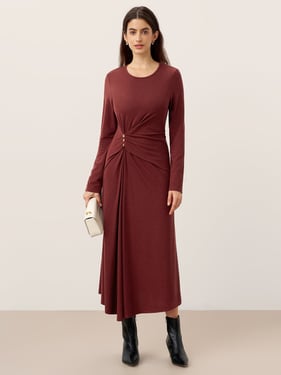 Wool Lyocell Side-Waist Ruched Maxi Dress ELSINORE - Maroon / XXL