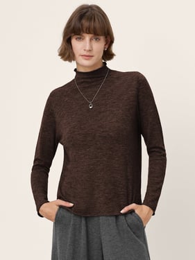 100% Extra-Fine Merino Wool Mock Neck Sweater with Rolled Edge ELA - Chocolate Brown / L
