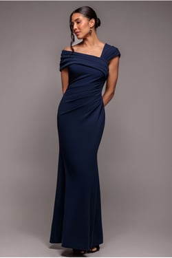 Goddiva One Shoulder Evening Maxi Dress - Navy