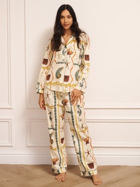 Womens Cotton Traditional Pyjamas Natural Sea Life Tile - 3XL / 22-24 / Natural