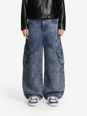 Vintage Washed Multi-Pocket Barrel Jeans - Blue / 2XL