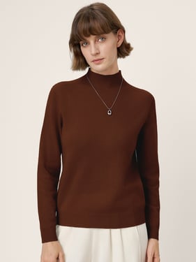 Premium Cashmere Blend Hand-Finished Seamless Mock Neck Ribbed Sweater RHEA - Chicory Coffee / XXL