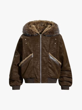 Retro Detachable Faux Fur Collar Suede Fleece Hoodie Jacket - Dark Brown / XL