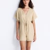 V neck Drawstring Romper in Neutral Beige - Neutral Beige / L