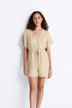 V neck Drawstring Romper in Neutral Beige - Neutral Beige / S