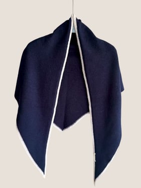 Wool Contrast Stitch Shawl Scarf - Navy Blue / One Size
