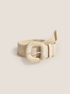 Natural Woven Straw Belt With Square Buckle - Beige / One Size