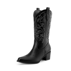 DREAM PAIRS Women   s Wide calf Embroidered Distressed Cowboy Boots