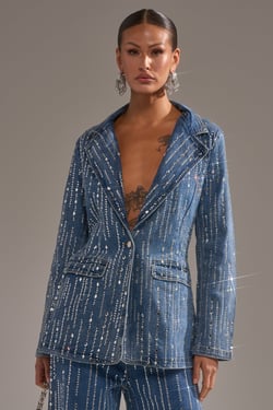AKIRA Never Come Down Rhinestone Denim Blazer | Size XL