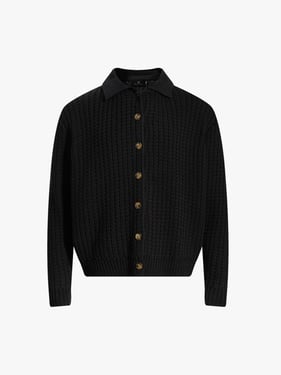 Retro Cable Knit Button-Up Collared Cardigan Sweater - Black / XL