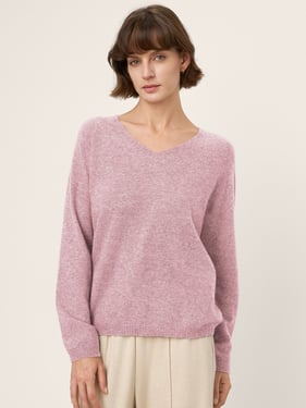 Mongolian Cashmere & Mulberry Silk Seamless Ribbed Trim V-Neck Sweater TESSA - Pastel Pink / L