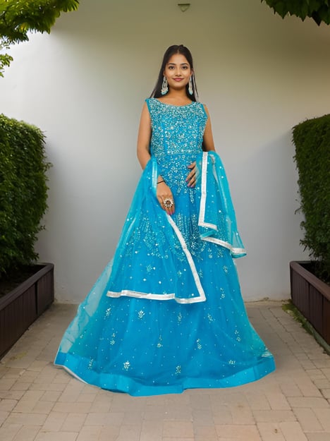 Net Fabric Gown with Mirror & Pearls by Shreekama
