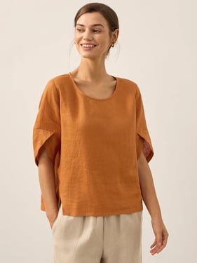 100% Linen Round Neck Petal-Sleeve Pullover LAUREL - Sun Orange / XXL