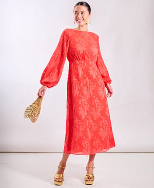 Coral Long Sleeve Jacquard Midi Dress - 20