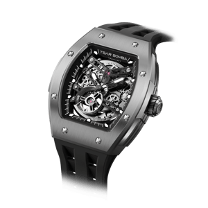 TSAR BOMBA Men's Automatic Watch | Black | Stainless Steel Case | Titanium Bezel | Japanese Mechanical Skeleton Movement | Luxury Sport Wristwatch | Elemental TB8228T