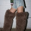 AKIRA Azalea Wang Templeton Taupe Faux Poodle Fur Over The Knee Boot | Brown | Size 6