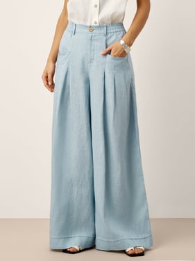 100% Linen Sculpted Pleat Elasticated Back Relaxed Pants VERIDIANA - Sky Blue / XXL