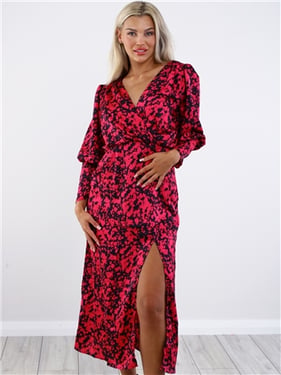 Ax Paris Printed Split Skirt Midi Dress - Cerise And Black - 8