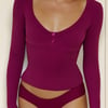 BASE Luxe Rib V Neck Button Long Sleeve Top Berry