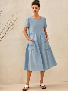 Linen Patch Pocket Loose Hem Resort Dress FRANKIE - Light Blue / XXL