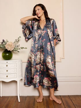 Womens Satin Oversize Angel Sleeve Dressing Gown Robe Grey Pagoda Dreams - 3XL / 22-24 / Grey