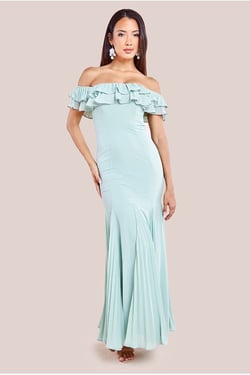 Goddiva Frilled Off The Shoulder Pleated Chiffon Maxi Dress - Sage Green