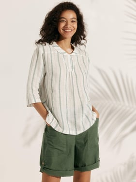 100% Linen Stripe Shawl V-Neck Half Sleeve Top - Forest Green Stripe / XXL