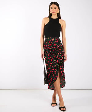 Black Floral Ruche Side Midi Skirt - 18