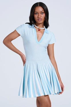 AKIRA Alina Pleated Knit Fit And Flare Mini Dress In Blue | Size 2X