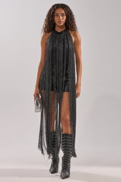AKIRA Holiday Flair Fringe Bodysuit | Black | Size XL