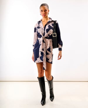 Navy Leaf Tie Front Shirt Dress - 18