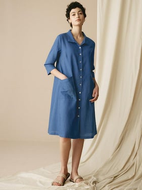 100% Linen Shirt Dress MADISON - Sea Blue / XXL